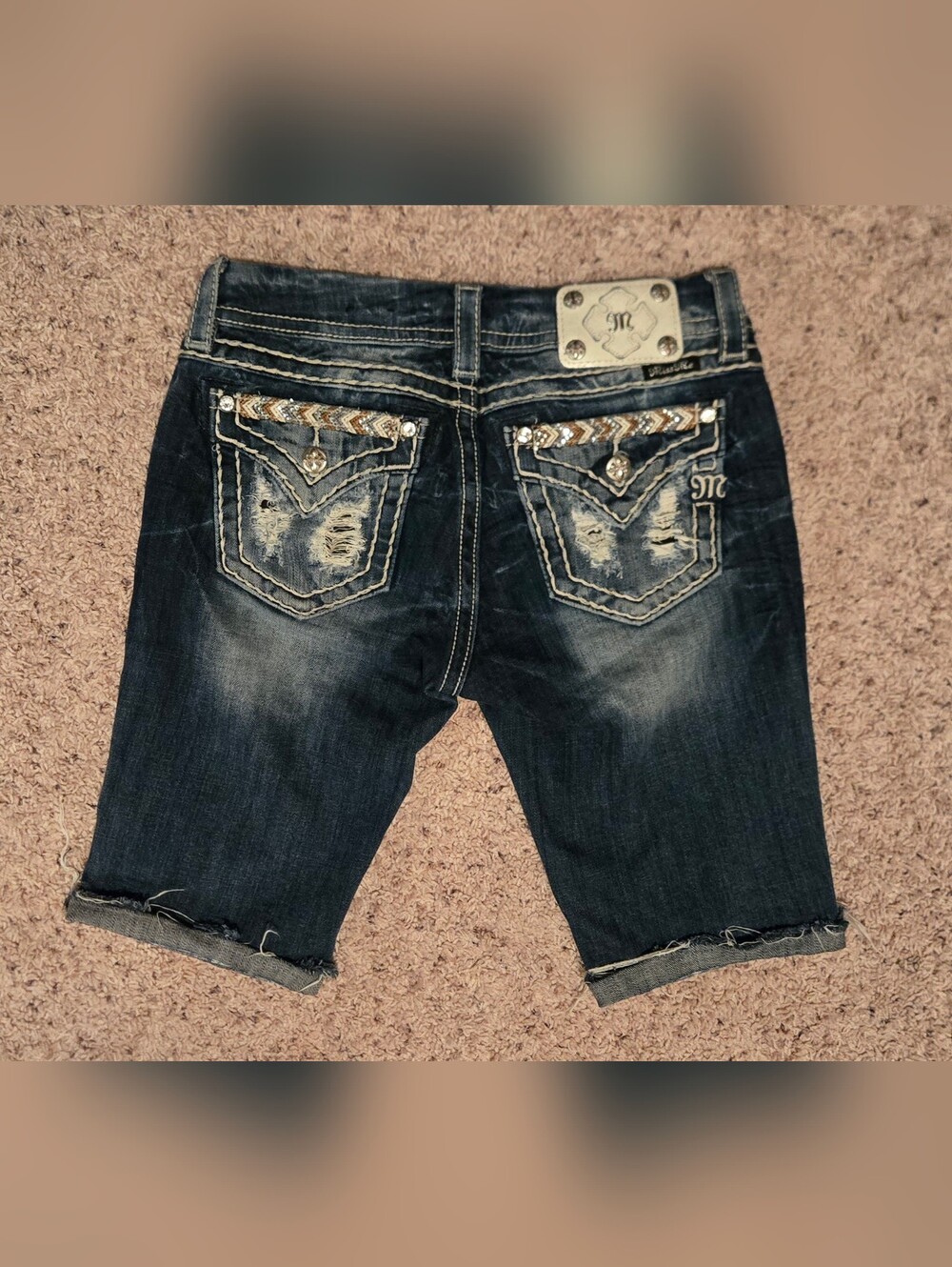 Miss Me Signature Bermuda Shorts Distressed Dark Wash Denim Size 27
